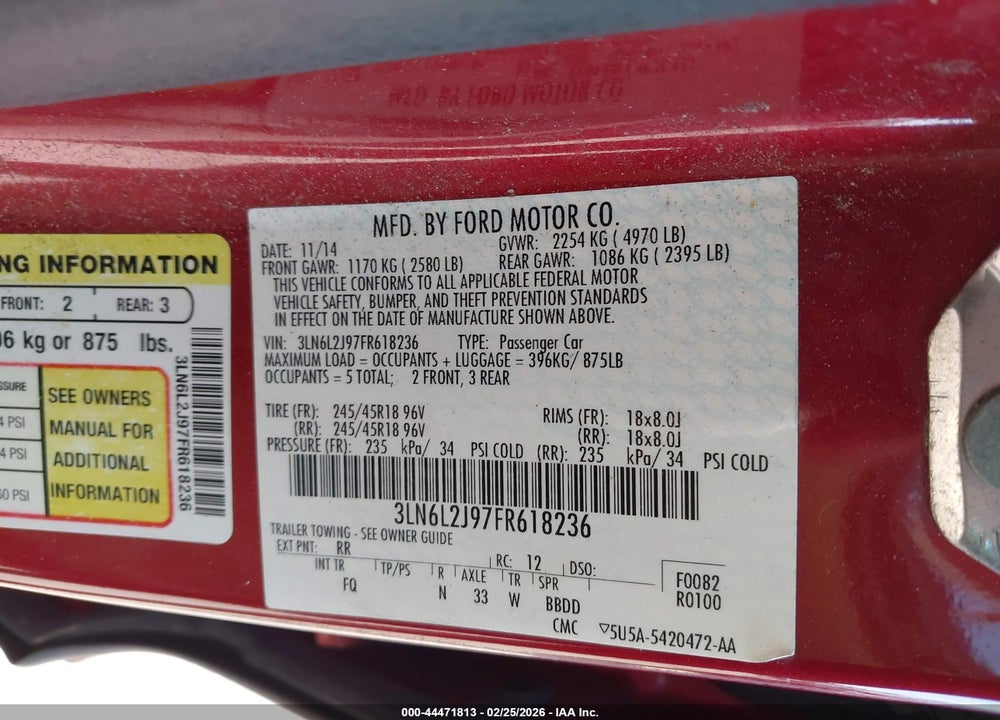 2015 LINCOLN MKZ VIN: 3LN6L2J97FR618236