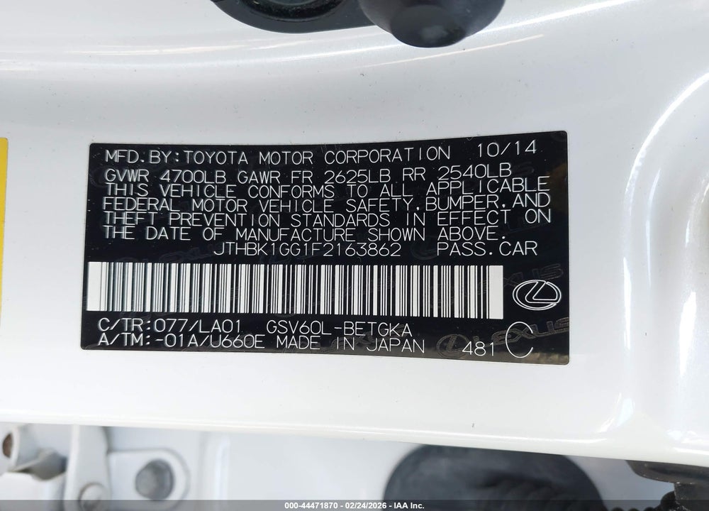 2015 LEXUS ES 350 VIN: JTHBK1GG1F2163862