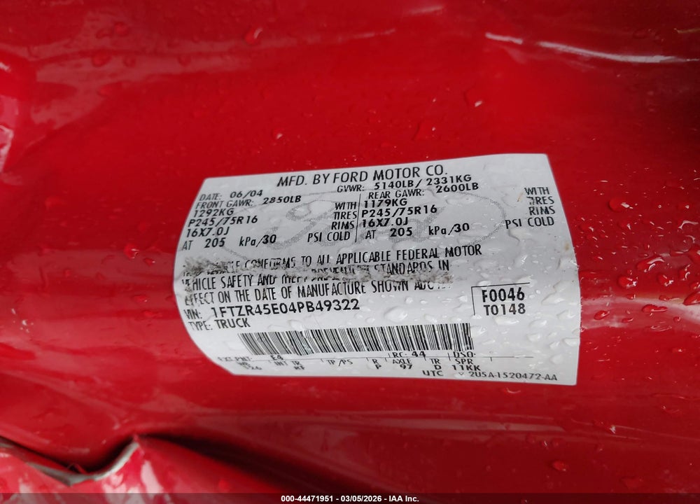 2004 FORD RANGER EDGE/TREMOR/XLT VIN: 1FTZR45E04PB49322