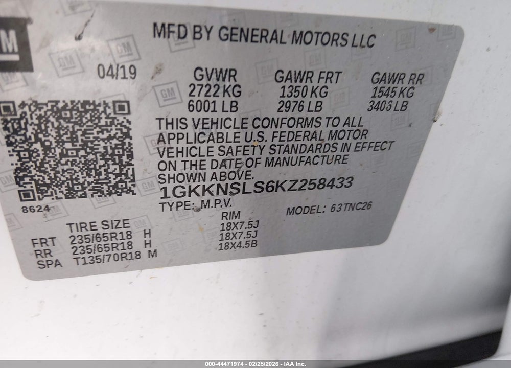2019 GMC ACADIA SLE-2 VIN: 1GKKNSLS6KZ258433
