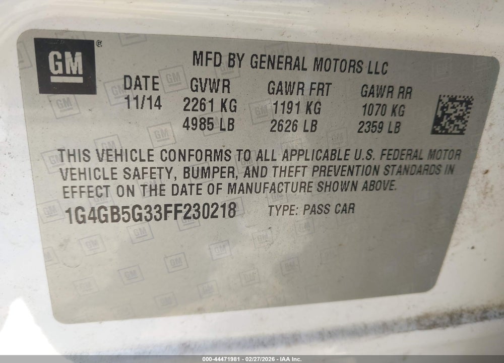 2015 BUICK LACROSSE LEATHER VIN: 1G4GB5G33FF230218