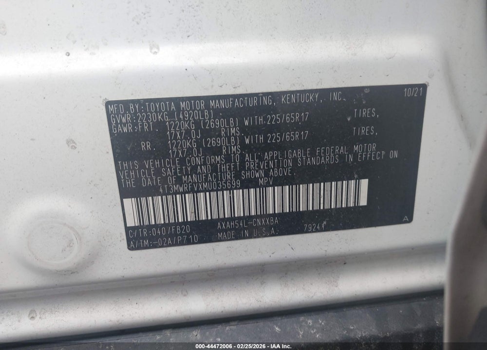 2021 TOYOTA RAV4 HYBRID LE VIN: 4T3MWRFVXMU035699