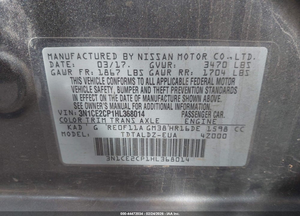 2017 NISSAN VERSA NOTE SV VIN: 3N1CE2CP1HL368014