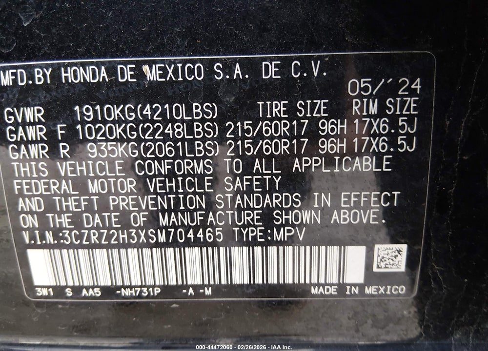 2025 HONDA HR-V AWD LX VIN: 3CZRZ2H3XSM704465