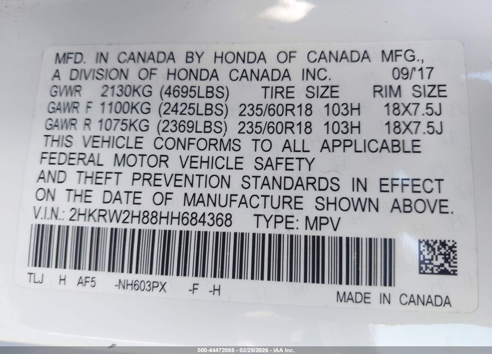 2017 HONDA CR-V EX-L/EX-L NAVI VIN: 2HKRW2H88HH684368
