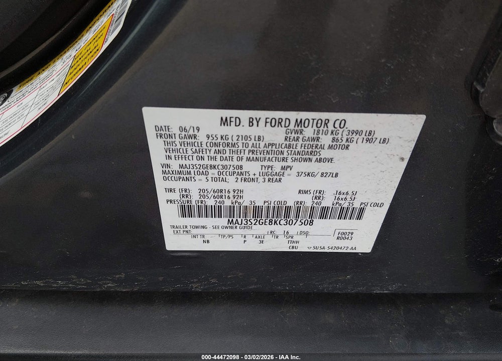 2019 FORD ECOSPORT SE VIN: MAJ3S2GE8KC307508