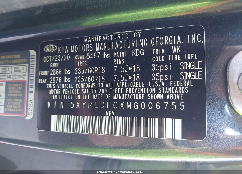 2021 KIA SORENTO S VIN: 5XYRLDLCXMG006755