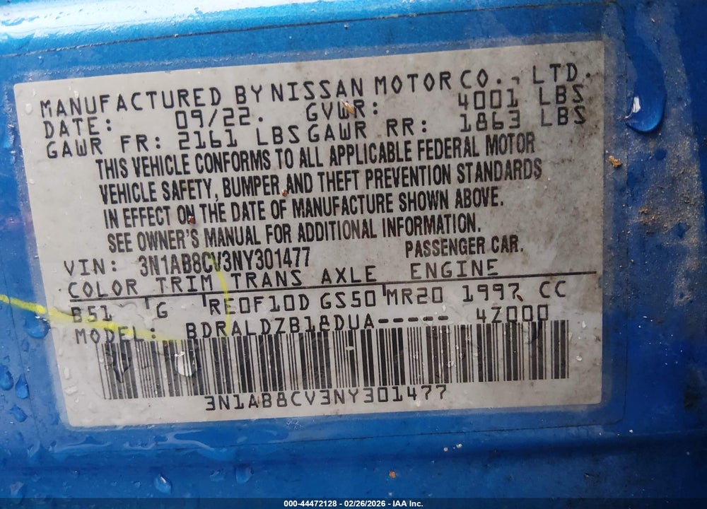 2022 NISSAN SENTRA SV XTRONIC CVT VIN: 3N1AB8CV3NY301477