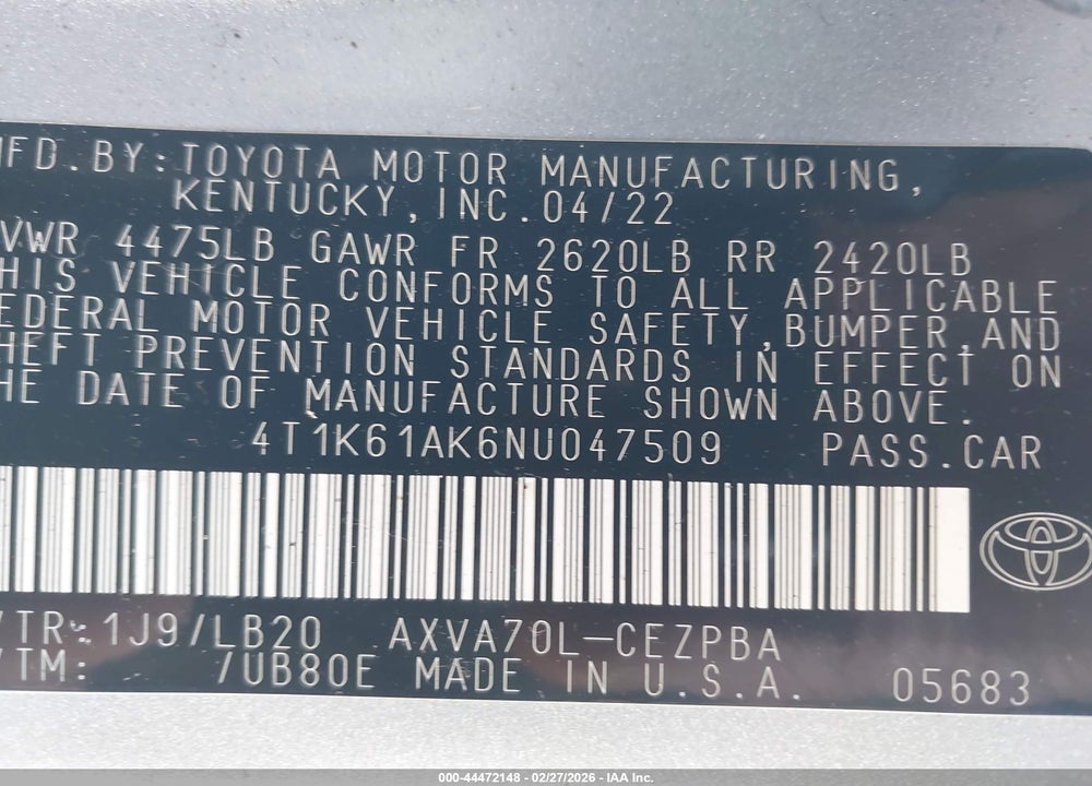 2022 TOYOTA CAMRY XSE VIN: 4T1K61AK6NU047509