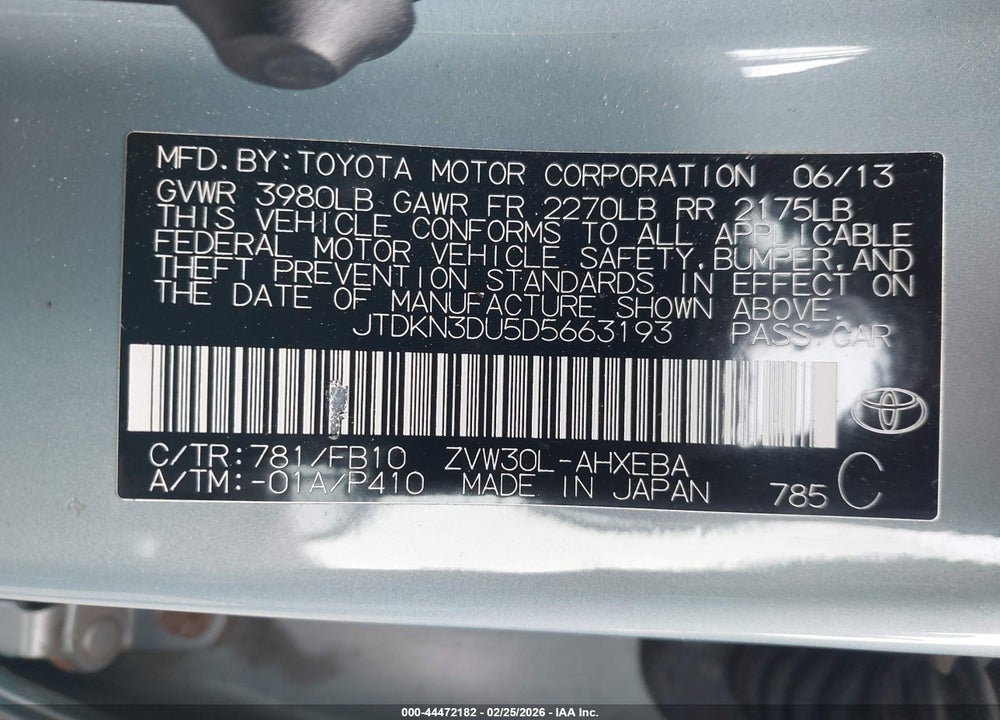 2013 TOYOTA PRIUS TWO VIN: JTDKN3DU5D5663193
