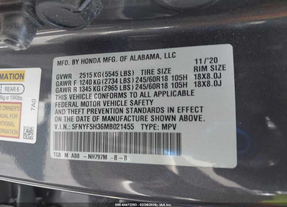 2021 HONDA PILOT 2WD EX VIN: 5FNYF5H36MB021455