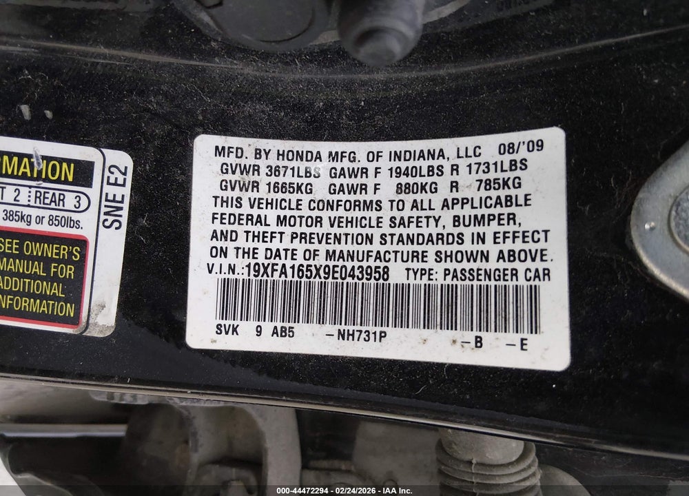 2009 HONDA CIVIC LX VIN: 19XFA165X9E043958