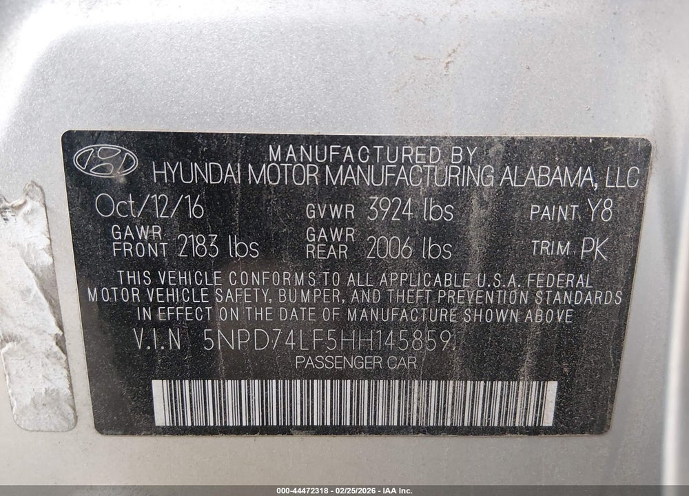 2017 HYUNDAI ELANTRA SE VIN: 5NPD74LF5HH145859
