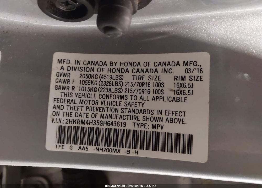 2016 HONDA CR-V LX VIN: 2HKRM4H35GH643619