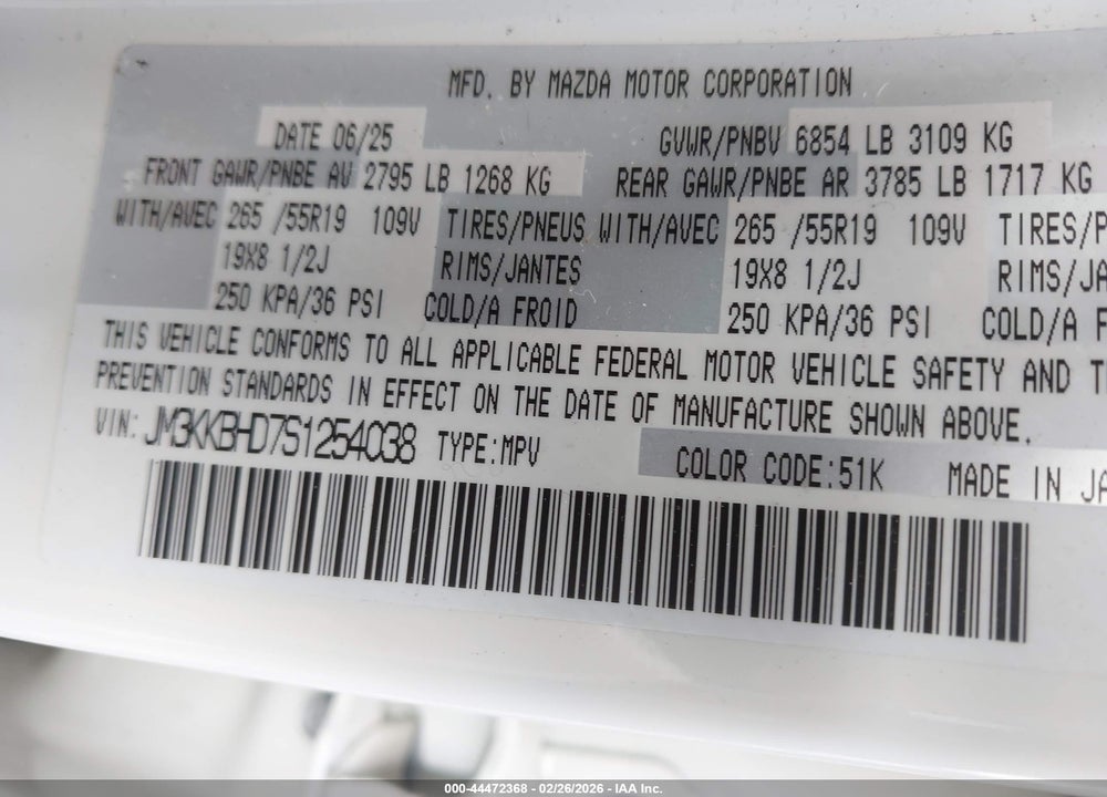 2025 MAZDA CX-90 3.3 TURBO PREFERRED PACKAGE VIN: JM3KKBHD7S1254038