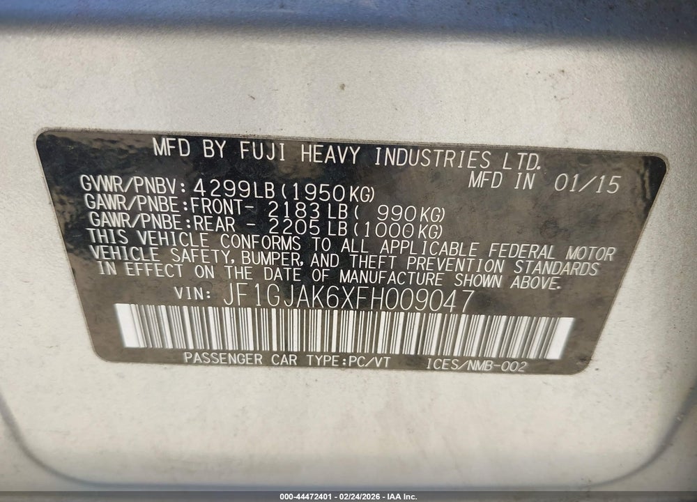 2015 SUBARU IMPREZA 2.0I PREMIUM VIN: JF1GJAK6XFH009047