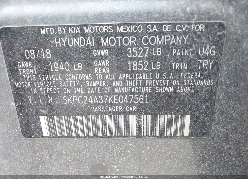 2019 HYUNDAI ACCENT SEL VIN: 3KPC24A37KE047561