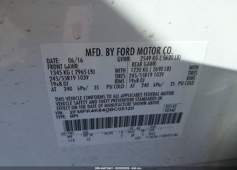 2016 FORD EDGE TITANIUM VIN: 2FMPK4K84GBC05120