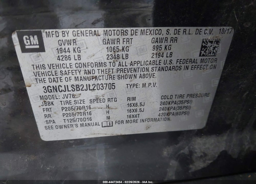 2018 CHEVROLET TRAX LT VIN: 3GNCJLSB2JL203705