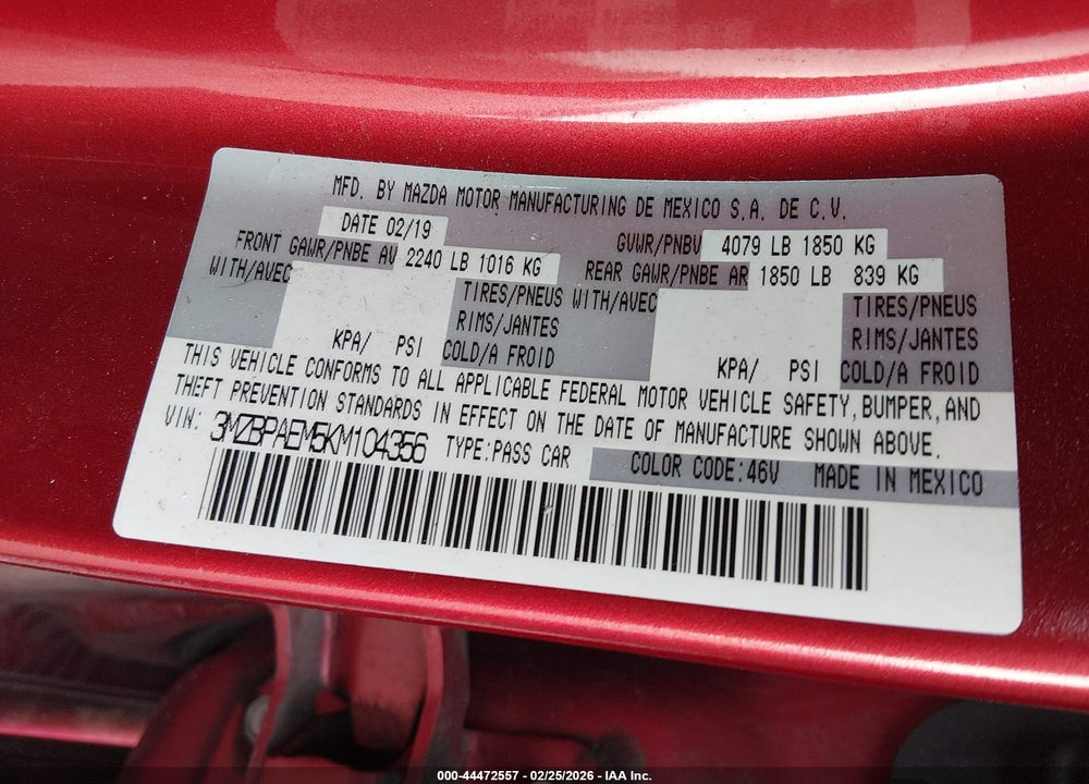 2019 MAZDA 3 PREMIUM PACKAGE VIN: 3MZBPAEM5KM104356