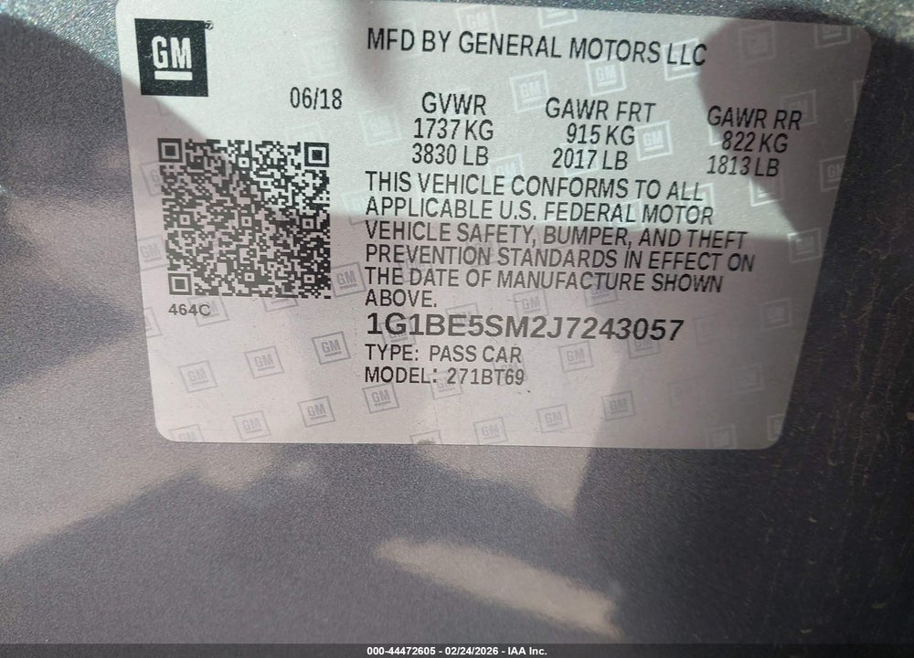 2018 CHEVROLET CRUZE LT AUTO VIN: 1G1BE5SM2J7243057