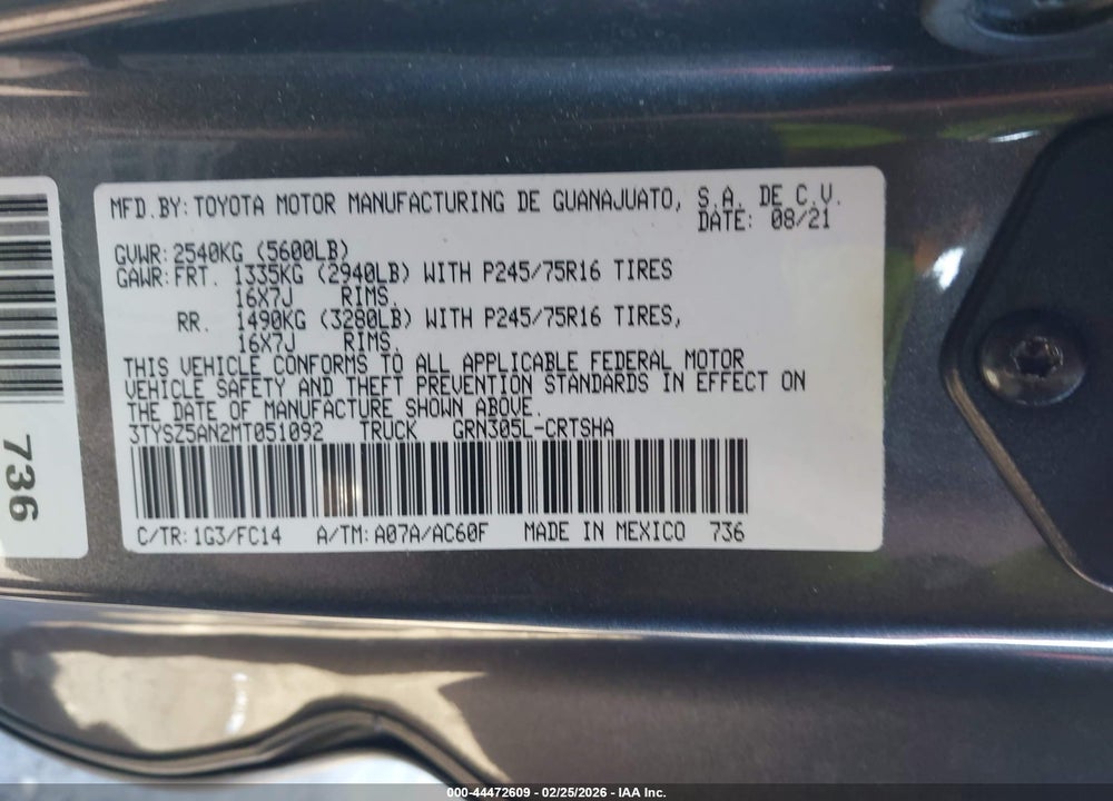 2021 TOYOTA TACOMA SR5 V6 VIN: 3TYSZ5AN2MT051092
