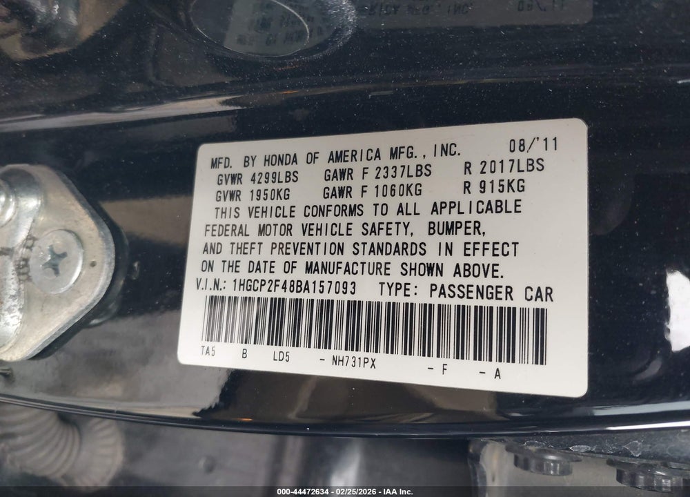 2011 HONDA ACCORD 2.4 LX-P VIN: 1HGCP2F48BA157093