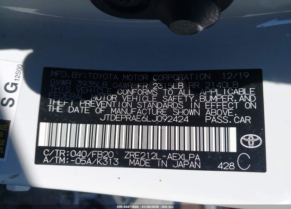 2020 TOYOTA COROLLA LE VIN: JTDEPRAE6LJ092424