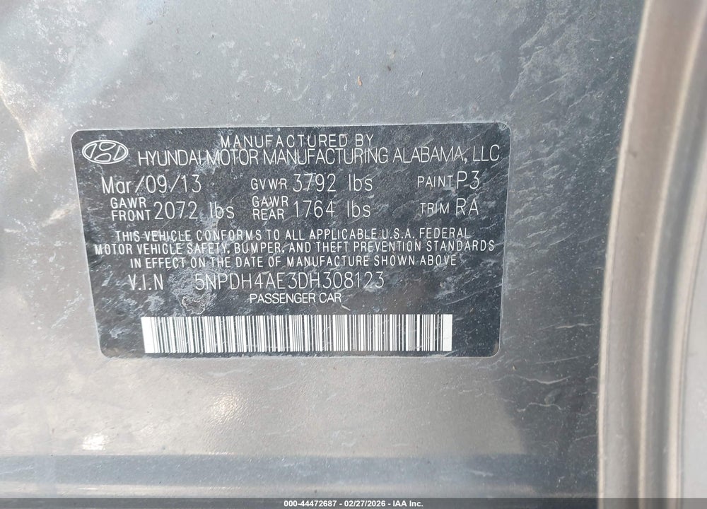2013 HYUNDAI ELANTRA GLS VIN: 5NPDH4AE3DH308123