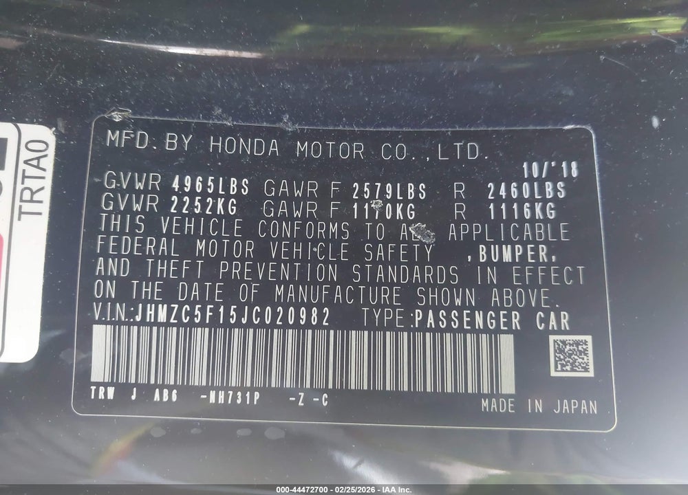 2018 HONDA CLARITY PLUG-IN HYBRID VIN: JHMZC5F15JC020982