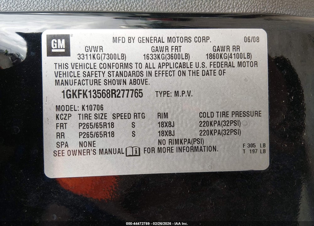 2008 GMC YUKON HYBRID VIN: 1GKFK13568R277765