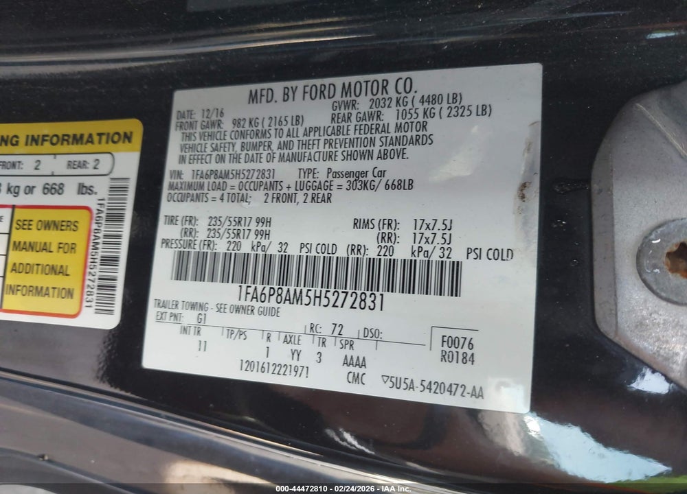 2017 FORD MUSTANG V6 VIN: 1FA6P8AM5H5272831