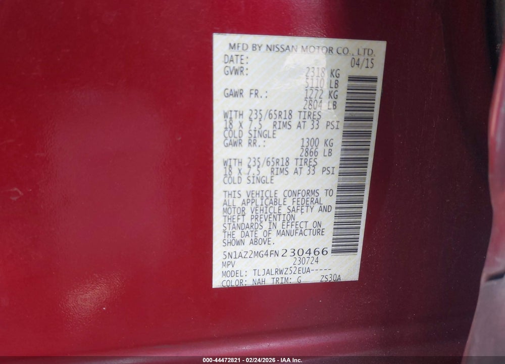 2015 NISSAN MURANO SL VIN: 5N1AZ2MG4FN230466