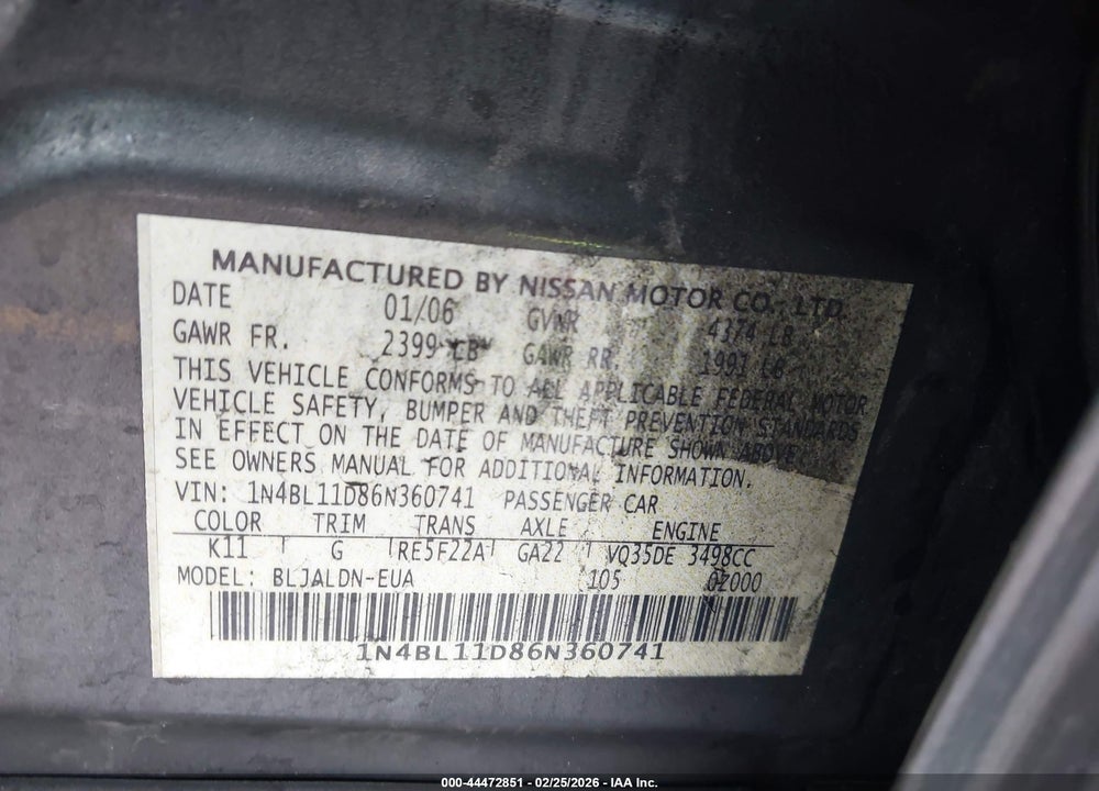 2006 NISSAN ALTIMA 3.5 SL VIN: 1N4BL11D86N360741