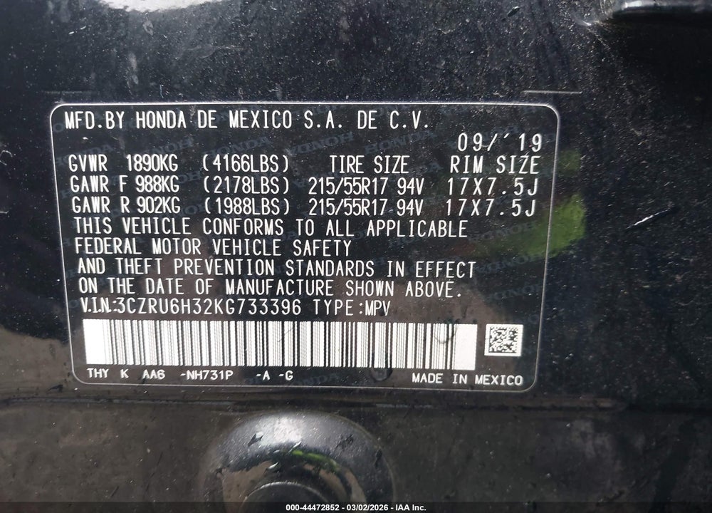 2019 HONDA HR-V LX VIN: 3CZRU6H32KG733396