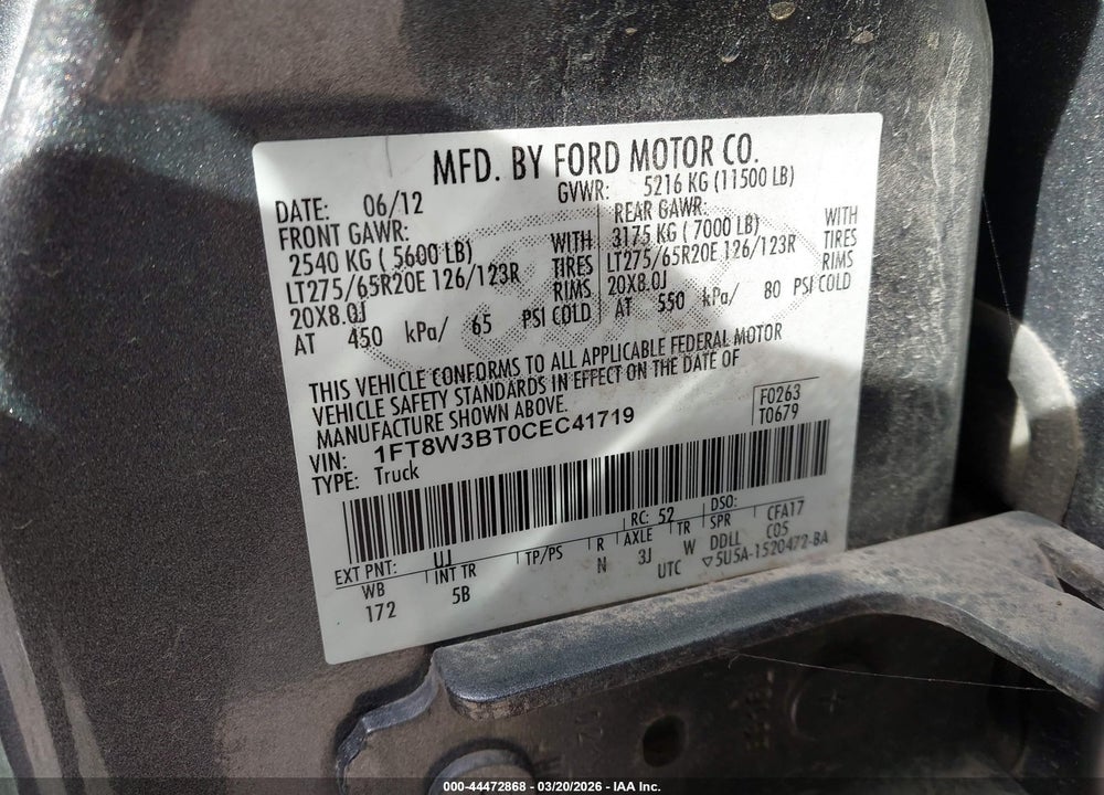 2012 FORD F-350 LARIAT VIN: 1FT8W3BT0CEC41719