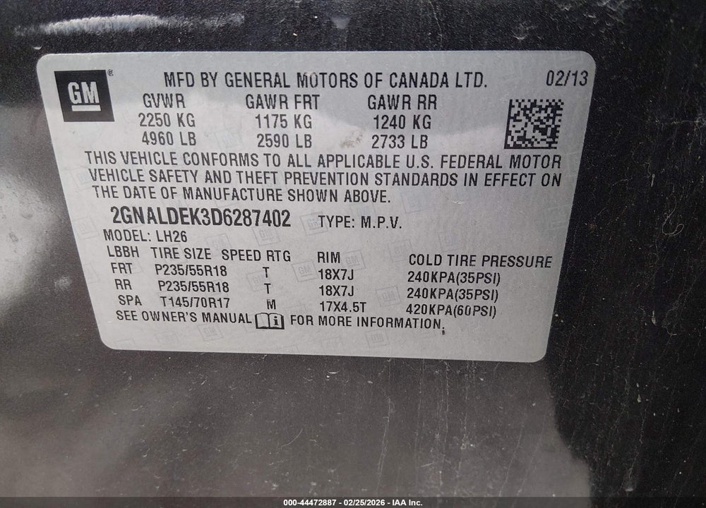 2013 CHEVROLET EQUINOX 1LT VIN: 2GNALDEK3D6287402