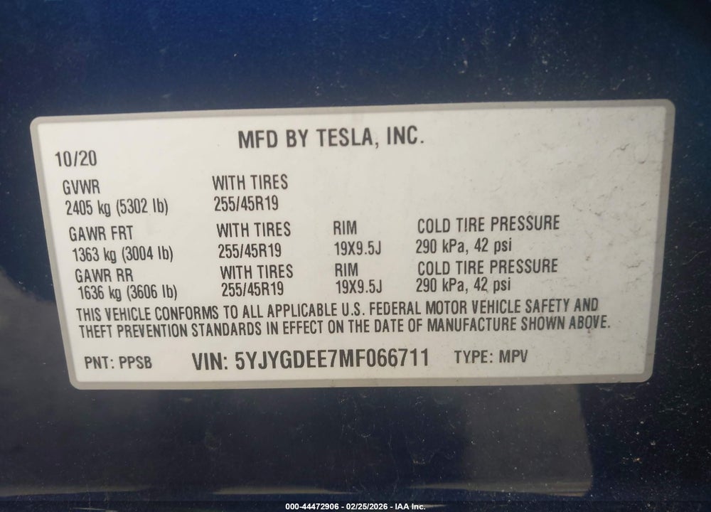 2021 TESLA MODEL Y LONG RANGE DUAL MOTOR ALL-WHEEL DRIVE VIN: 5YJYGDEE7MF066711