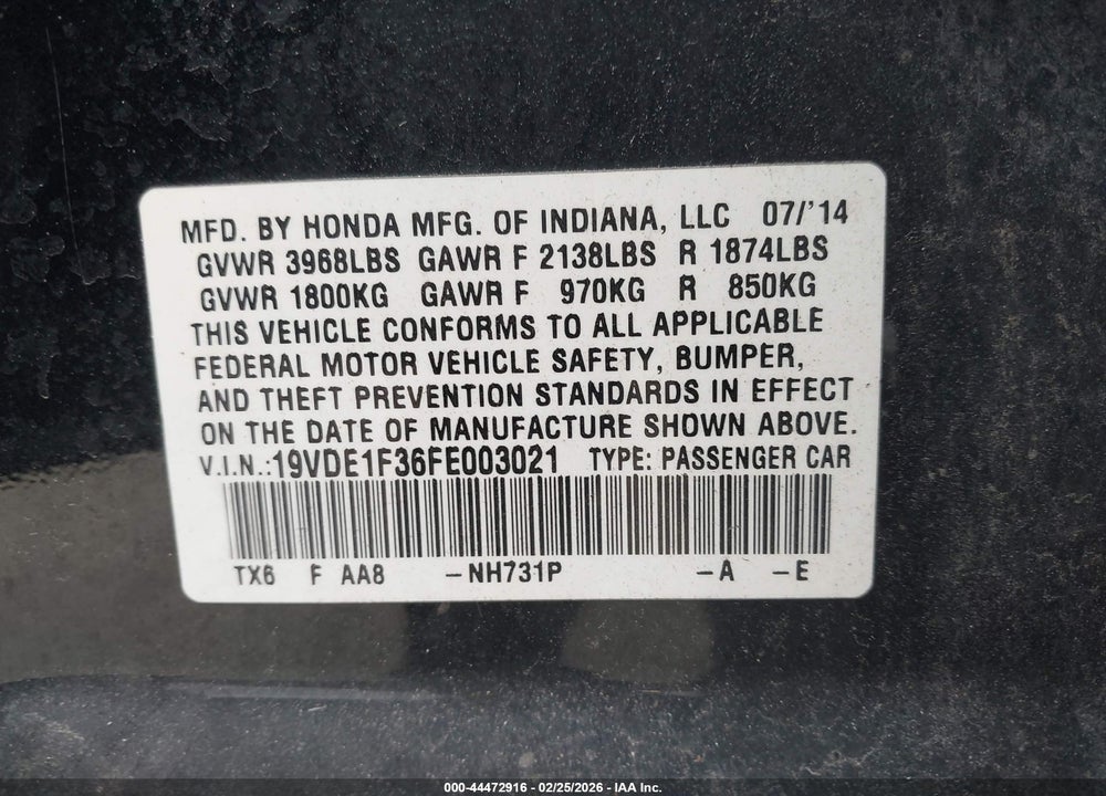 2015 ACURA ILX 2.0L VIN: 19VDE1F36FE003021