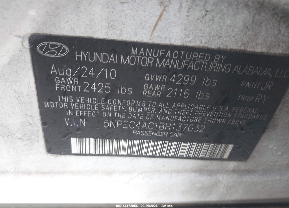 2011 HYUNDAI SONATA LIMITED VIN: 5NPEC4AC1BH137032