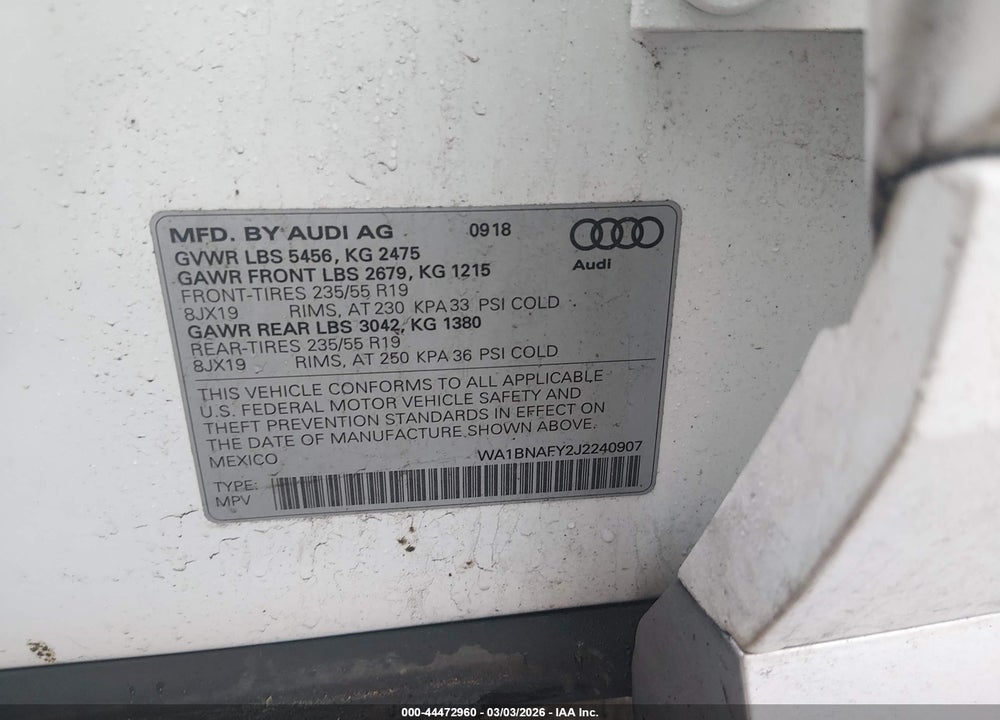 2018 AUDI Q5 2.0T PREMIUM/2.0T TECH PREMIUM VIN: WA1BNAFY2J2240907