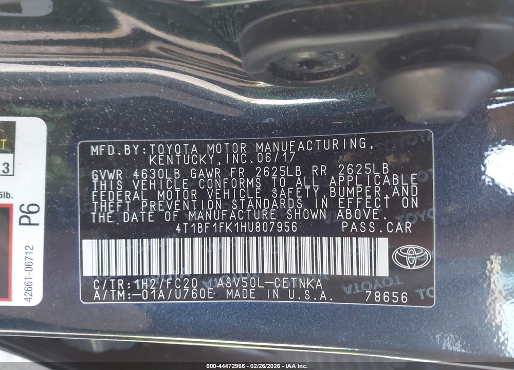 2017 TOYOTA CAMRY LE VIN: 4T1BF1FK1HU807956