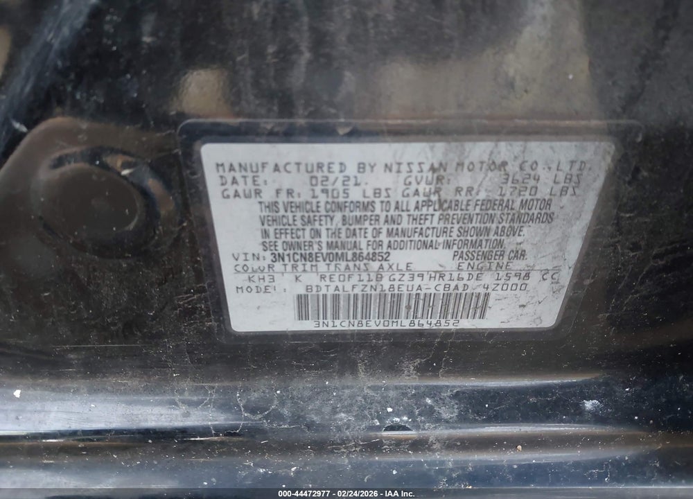 2021 NISSAN VERSA SV XTRONIC CVT VIN: 3N1CN8EV0ML864852