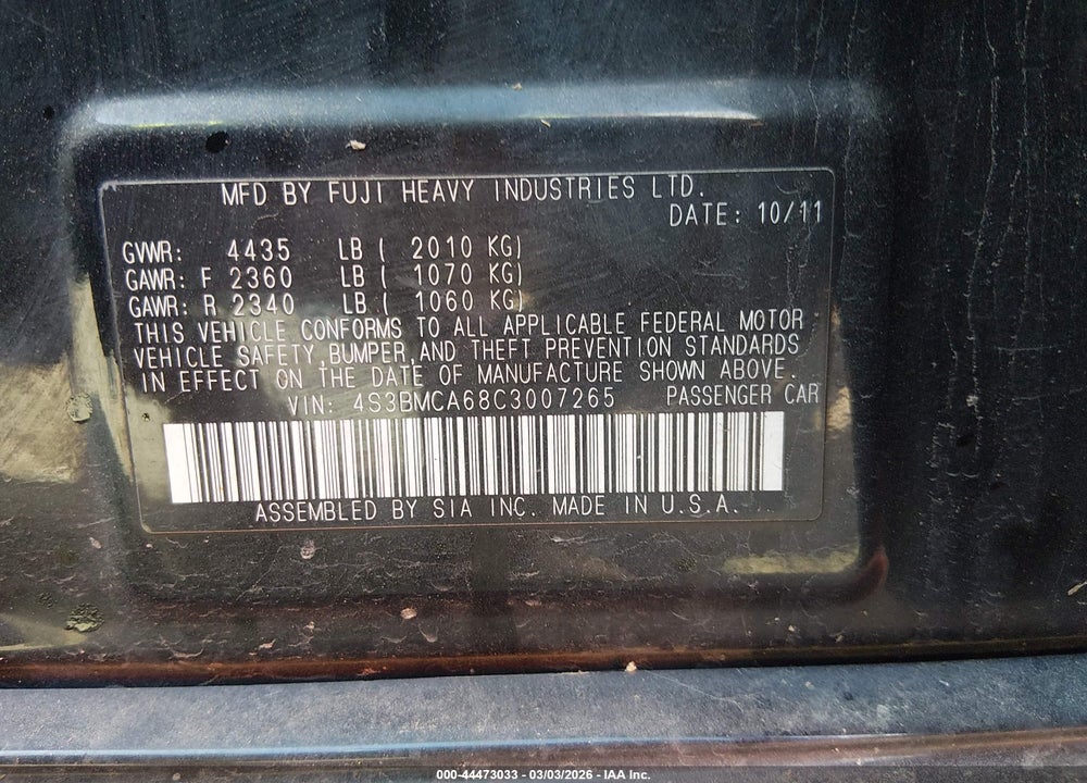 2012 SUBARU LEGACY 2.5I VIN: 4S3BMCA68C3007265