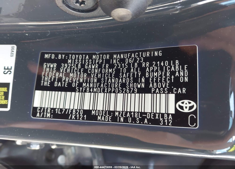 2023 TOYOTA COROLLA LE VIN: 5YFB4MDEXPP052679