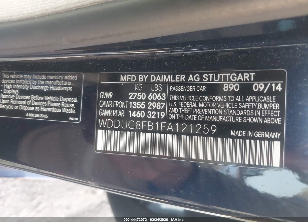 2015 MERCEDES-BENZ S 550 4MATIC VIN: WDDUG8FB1FA121259