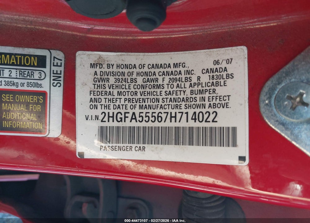 2007 HONDA CIVIC SI VIN: 2HGFA55567H714022