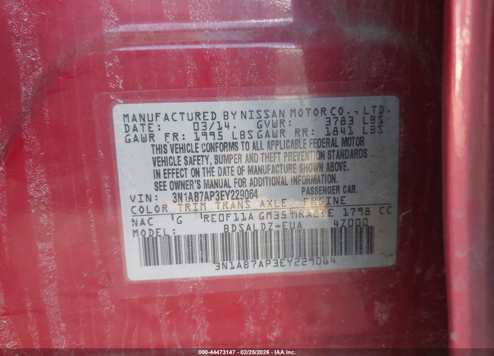 2014 NISSAN SENTRA FE+ S/FE+ SV/S/SL/SR/SV VIN: 3N1AB7AP3EY229064