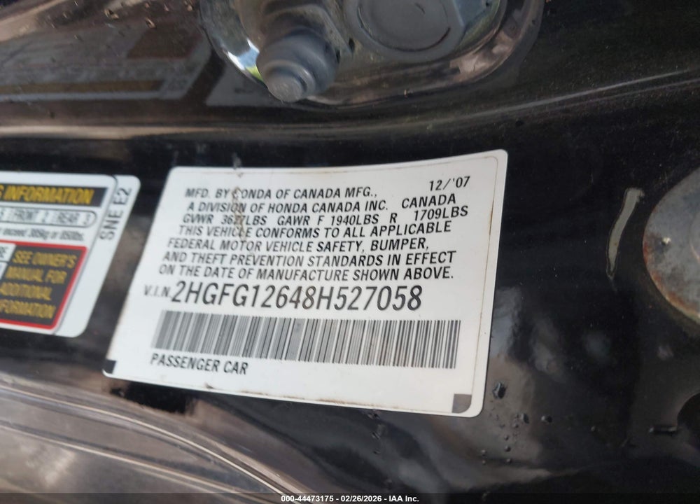 2008 HONDA CIVIC LX VIN: 2HGFG12648H527058