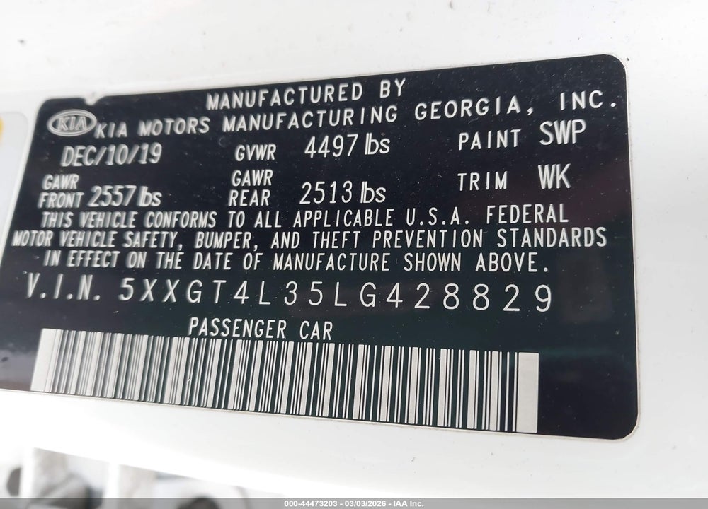 2020 KIA OPTIMA LX VIN: 5XXGT4L35LG428829